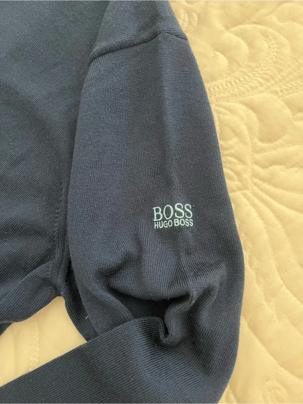 Boss Men's Navy Crewneck Sweater with Lime Accent xl